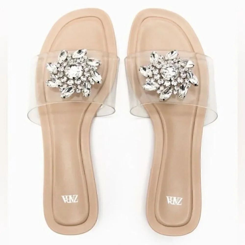 ZARA EMBELLISHED VINYL FLAT SANDALS‎